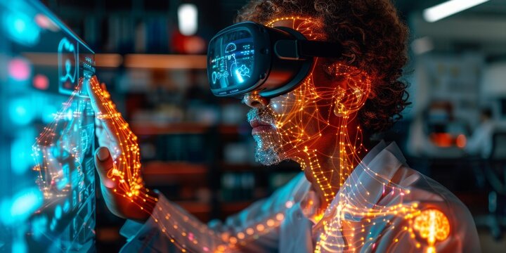 A scientist using virtual reality technology with glowing neural connections, symbolizing futuristic - Powered by Adobe