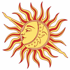 Intricate Sun and Moon Celestial Design - Red & Gold - High-Resolution Artwork.