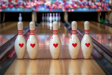 Row of colorful bowling pins with painted hearts, perfect for Valentine's Day or love-themed graphics