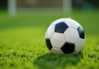 Fototapeta premium football ball rests green grass kicked field