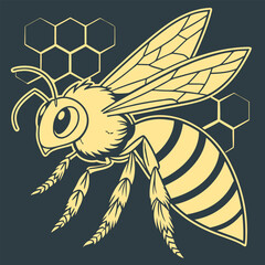 Honeybee Vector Illustration: Detailed Line Art, Pale Yellow.