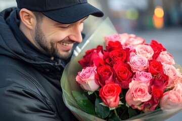 A person holding a bouquet of flowers, suitable for romantic or celebratory occasions