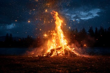 Captivating Campfire Enveloping the Starry Night Sky in a Dramatic Blaze of Glory