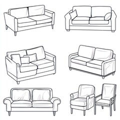 Six Outline Drawings Showcasing Various Sofa and Chair Designs
