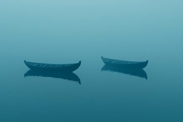 Misty morning, two boats afloat, serene reflection.