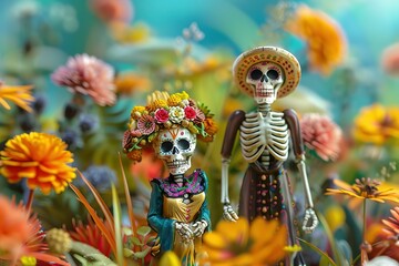 miniature people in Glossy shinny Intricate colorful Intricate golden, rule of thirds, banner design without text Day of the dead rule of thirds, corner right side placed,