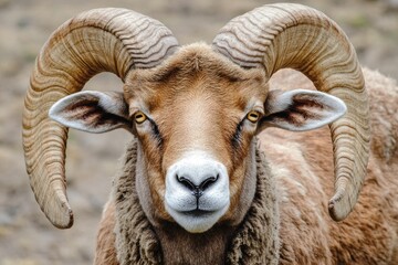 Close-up shot of a ram with impressive antlers