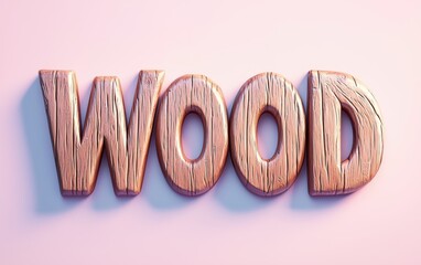 of the word WOOD styled with natural wooden planks and knots, on a pastel background