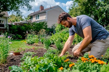 Gardening joy thrives in sunny backyard as hands cultivate fresh earth and vibrant greens