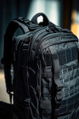 A black backpack sits on a table, ready for adventure or travel