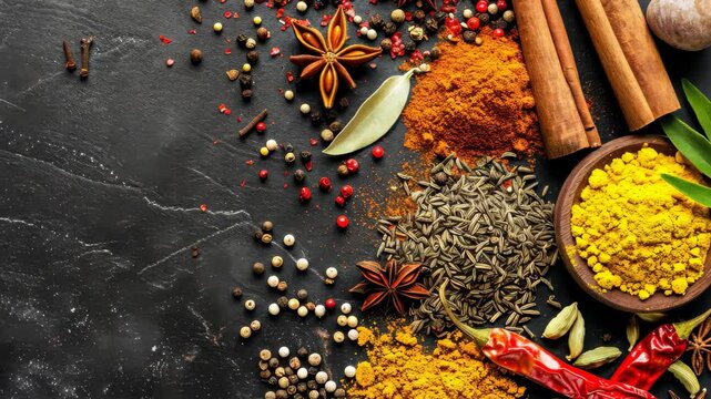 A vibrant assortment of spices spread across a black surface showcasing colorful ingredients perfect for culinary creations and flavor enhancement in various dishes
