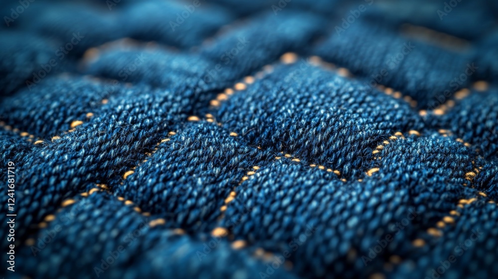 Poster close-up macro shot of deep blue denim fabric texture with detailed stitching and woven threads, hig