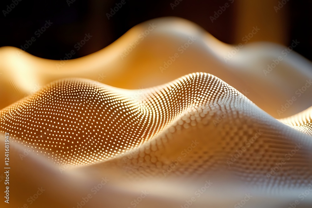 Poster abstract golden waves formed by glowing dots pattern on dark background, creating smooth undulating 