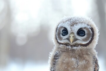 Obraz premium A small owl sits on a snowy surface, looking around