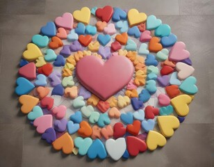 Fototapeta premium Colorful heart shapes arranged in a circular pattern on a textured ceramic tile background, tile, texture