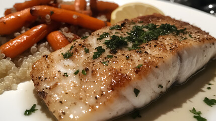 Seared haddock with a lemon herb butter sauce, served with a side of roasted carrots and quinoa for a flavorful dinner.