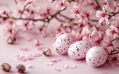 Fototapeta premium Romantic mockup background with space for text decorated with soft-focus pink cherry blossoms surrounding Easter eggs for a gentle springtime feel for Easter