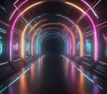 Colorful light tunnel in a futuristic setting, modern lighting design, bright and colorful lights, neon light tunnel