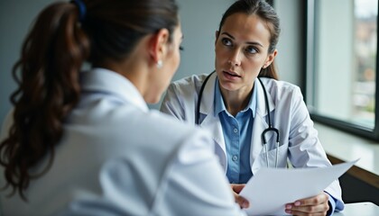 Two young female doctors in white robes discussing medical case, having concilium. View over the shoulder, selective focus. Medical documents in hands