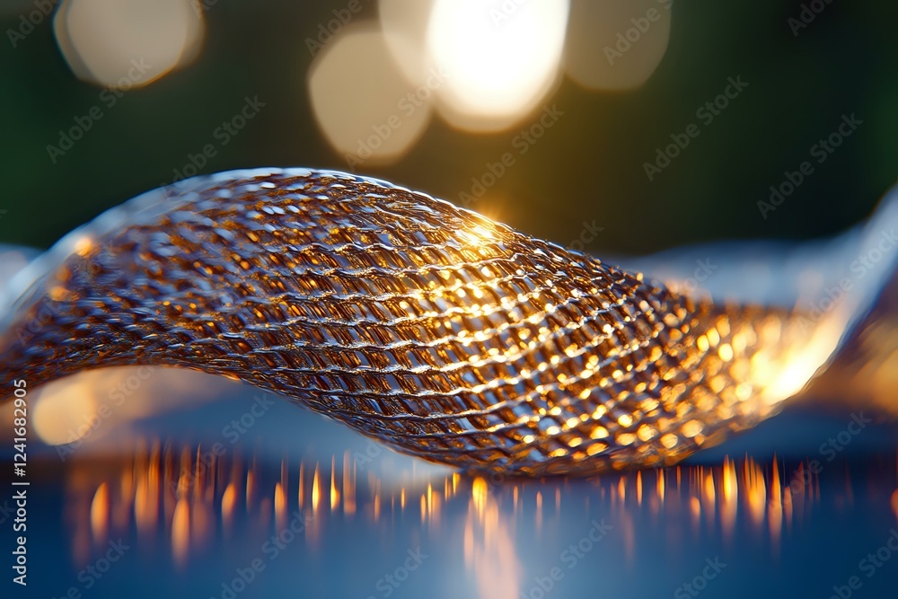 Wall mural metallic mesh wave structure with golden light reflections and bokeh effect on dark background creat