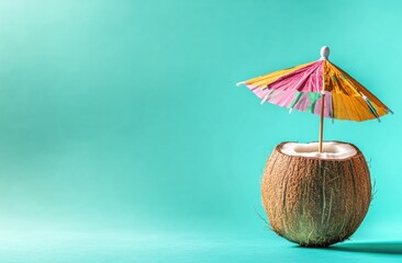 Imagine a delightful summer drink in a coconut, topped with a colorful umbrella. It symbolizes relaxation and vacation vibes against a bright turquoise background, evoking joy and leisure