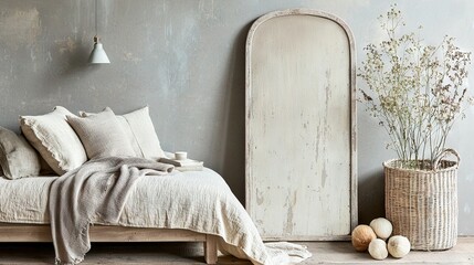   A room with a wooden headboard and a vase of flowers on the side of the bed