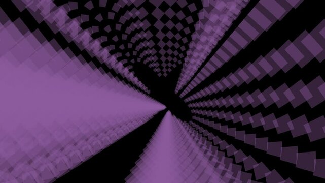 Abstract geometric tunnel of purple translucent squares on black background