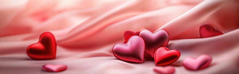 Romantic satin fabric background with scattered red and pink heart-shaped decorations and an elegant glow, ideal for Saint Valentines Day and 8 March International Womens Day