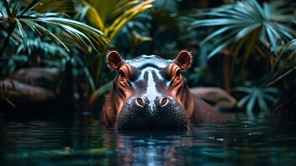 Fototapeta premium Hippopotamus in lush tropical foliage, wildlife habitat