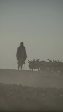 Goatherd Walking in Dusty Plain With Herd of Goats at Sunset in Tenerife