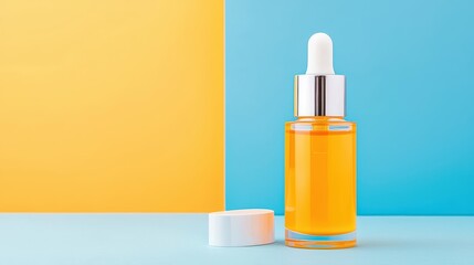 Bright Yellow Serum in Glass Bottle with Dropper on Colorful Background