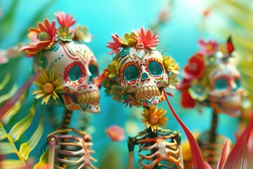 Fototapeta premium miniature people in Glossy shinny Intricate colorful Intricate golden, rule of thirds, banner design without text Day of the dead rule of thirds, corner right side placed