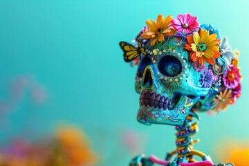 Fototapeta premium miniature people in Glossy shinny Intricate colorful Intricate golden, rule of thirds, banner design without text Day of the dead rule of thirds, corner right side placed