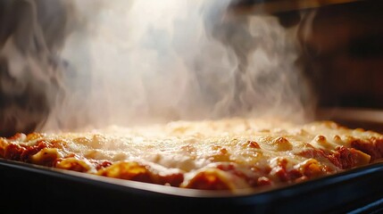   A close-up of a pizza in a pan with intense smoke rising from its top