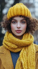 Young woman wearing a cozy yellow hat and scarf during autumn in a park with golden leaves