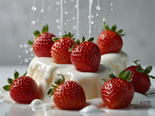 A mesmerizing and dreamlike scene featuring dozens of ripe, vibrant strawberries suspended in mid-air, surrounded by delicate, swirling splashes of milk that appear frozen in time, captured in a high-