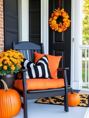 Autumn Porch Decor with Black Chair and Orange Pumpkins - A black porch chair with orange cushions and black and white striped pillows sits on a porch decorated for autumn with orange pumpkins and a f