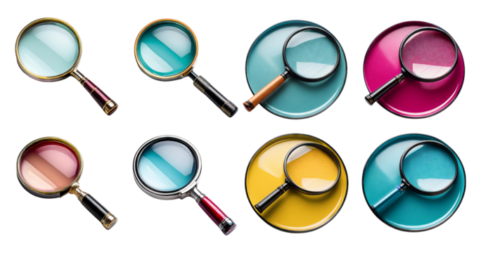 Colorful Magnifying Glasses on Round Backgrounds for Investigation, isolated on transparent background