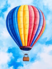 Fototapeta premium Colorful Hot Air Balloon Adventure - A vibrant hot air balloon soars through a clear blue sky, symbolizing freedom, adventure, exploration, dreams, and aspiration.
