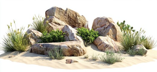 Desert rocks, plants, sand dune, isolated background, game design