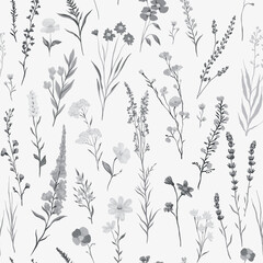 vector illustration of Seamless monochrome pattern with various wildflowers and delicate plants