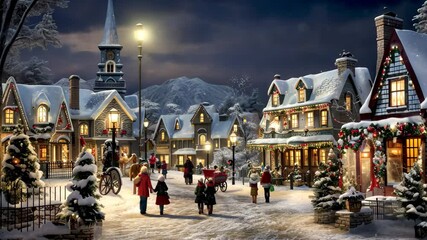 Magical snowy Christmas village in Victoria with carolers, twinkling lights, and festive decorations creating a cozy holiday atmosphere under a starlit sky - Powered by Adobe