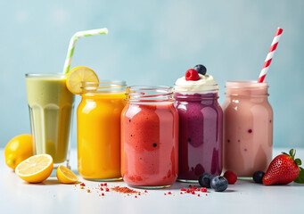 glass jars hold assorted colorful smoothies yogurts glasses detox drinks arranged