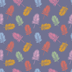 Vector seamless pattern with bright tropical leaves. Retro color trends. Simple light design for textile, factories, background, packaging
