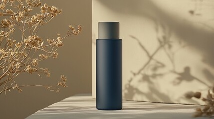 Blue bottle mockup, sunlight, plants, minimalist background, product display