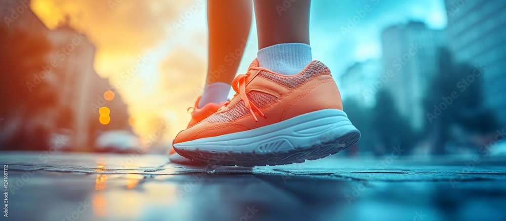 Wall mural Close-up of a runner's vibrant footwear on a city street during sunset, showcasing urban life