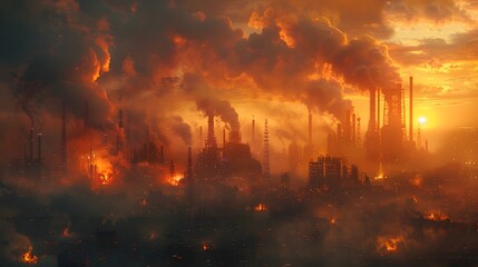 Dramatic Burning Industrial Landscape with Fiery Clouds and Ominous Smoke at Sunset