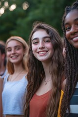 Fototapeta premium A group of young women stand together, smiling and laughing
