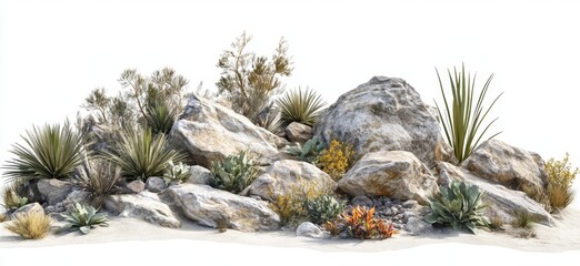 Fototapeta premium Desert rock garden, plants, white background, landscaping design