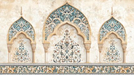 Fototapeta premium Ornate Islamic arches, intricate design, textured wall, background for interior design